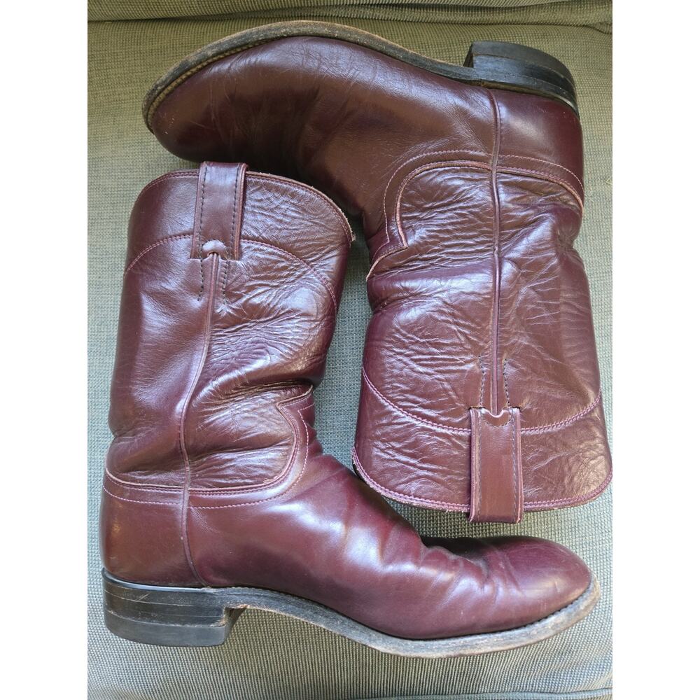 VTG Justin Boots Oxblood Leather Western Cowboy Round Toe Men 7.5 D Red Burgundy